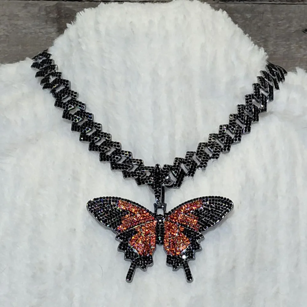 Women's Necklace One Size Black Orange Butterfly Pendant 18 inches